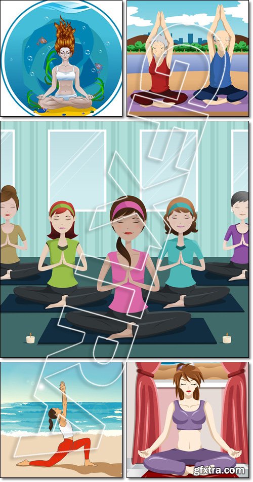 Woman doing yoga. People doing yoga in a yoga studio, on the beach - Vector