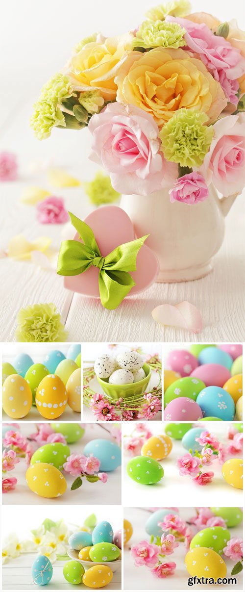 Easter background with eggs and flowers - Stock Photo