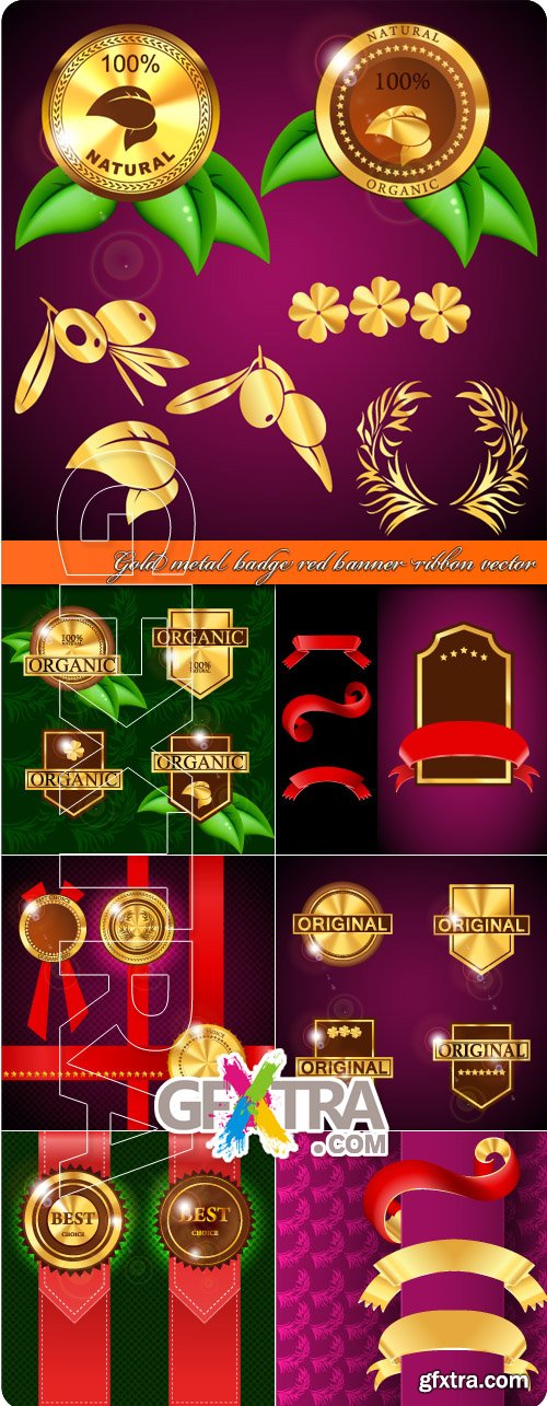 Gold metal badge red banner ribbon vector