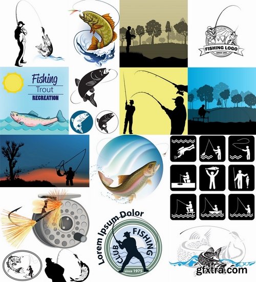 Collection vector image fishing and fishermen 25 Eps