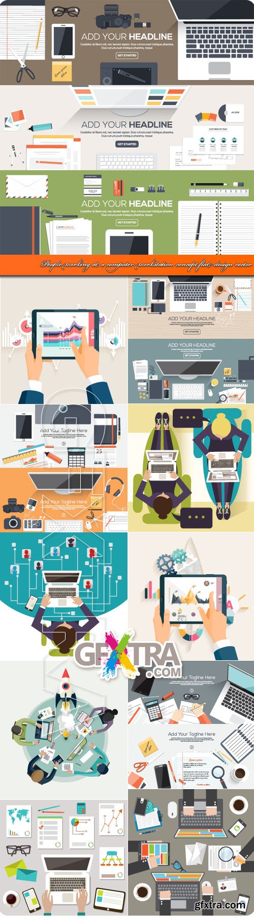 People working at computer workstation concept flat design vector