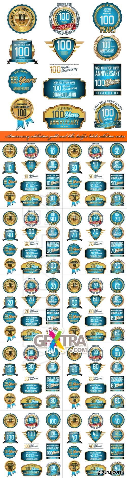 Anniversary celebration gold and blue badges labels collection vector