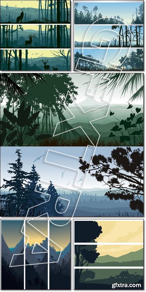 Horizontal, vertical banners of wild animals in hills wood,  rural landscape, forest - Vector