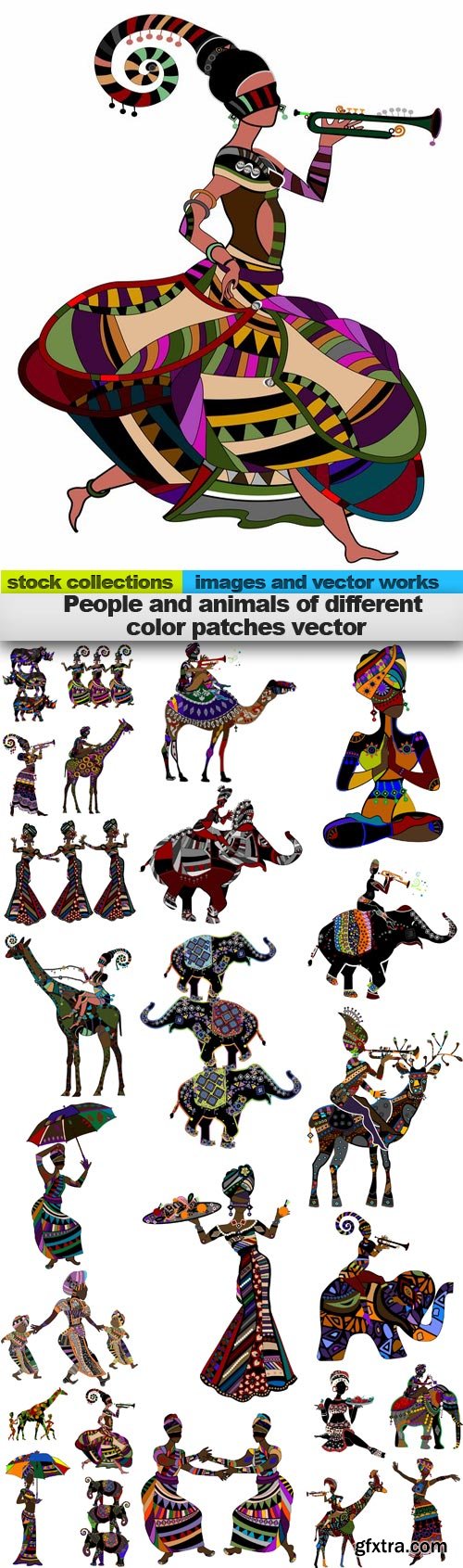 People and animals of different color patches vector, 25 x EPS