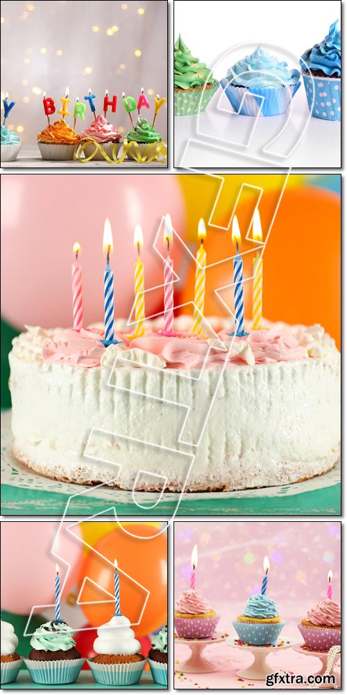 Delicious birthday cupcakes/ cake on table on light background - Stock photo