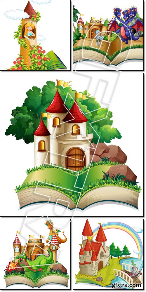 Castle, dragon, princess and magic book - Vector