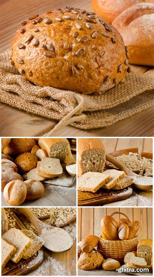 Fresh bread, basket with bakery products - stock photos