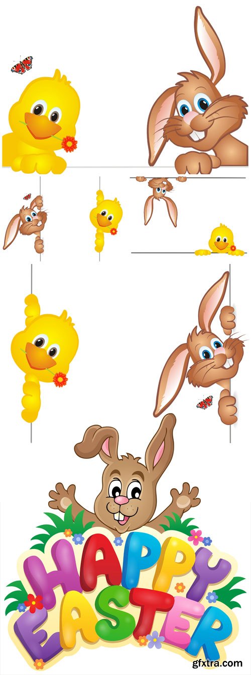 Easter vector, easter bunny and chicken