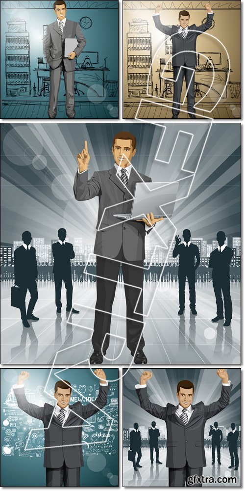 Vector Businessman With Laptop, Hands Up - Vector