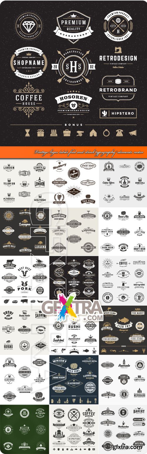 Vintage logos labels food and drink typography elements vector