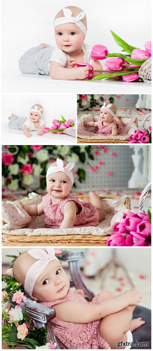 Little kid with tulips - stock photos