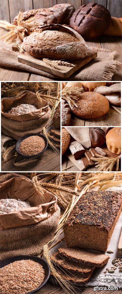 Fresh bread, flour, spikelets - stock photos