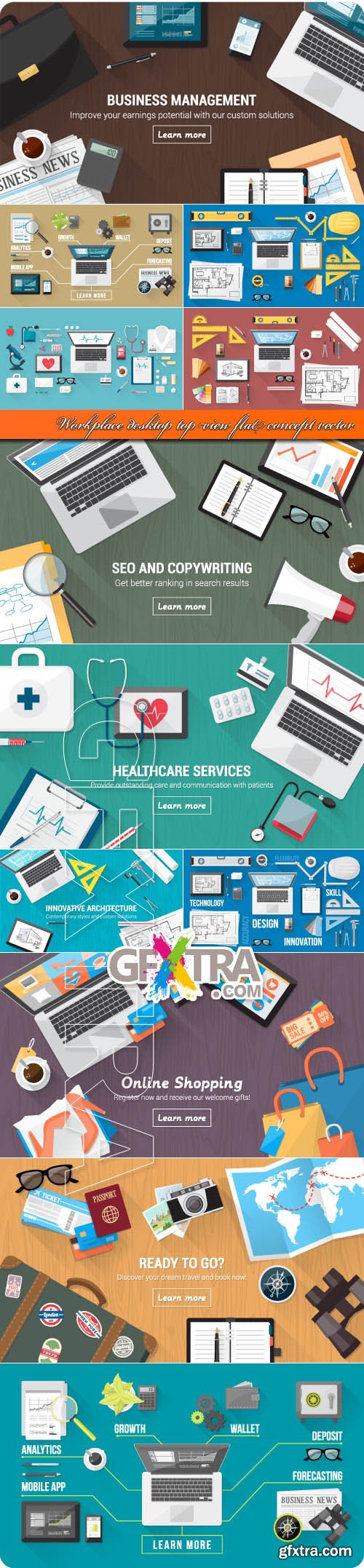 Workplace desktop top view flat concept vector