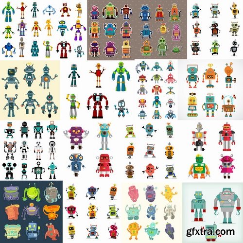 Collection of funny cartoon robots vector image 25 Eps