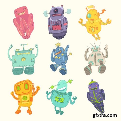 Collection of funny cartoon robots vector image 25 Eps