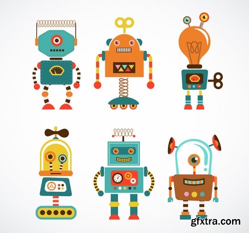 Collection of funny cartoon robots vector image 25 Eps