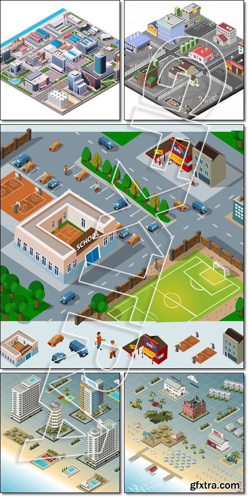 Detailed illustration of Isometric: City, Buildings, Seaside - Vector