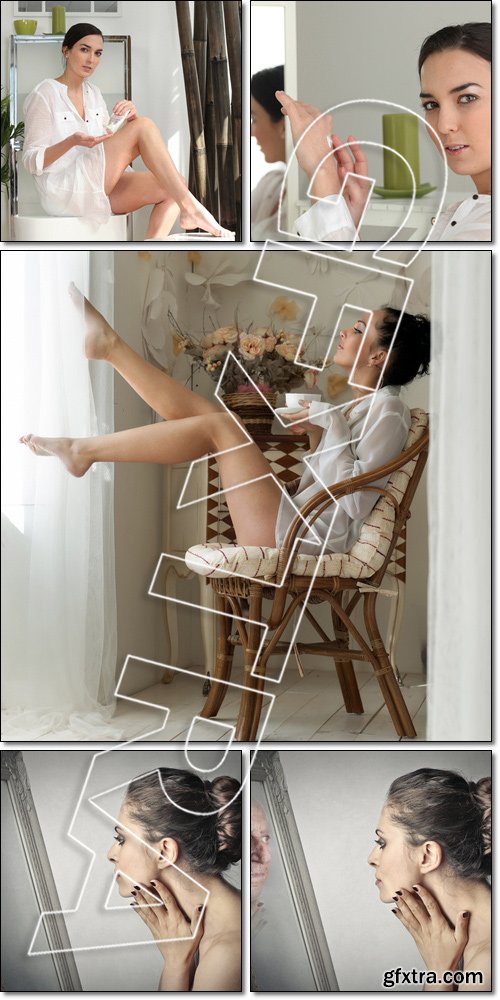 Woman preparing to shave her legs, drinking tea in the morning - Stock photo