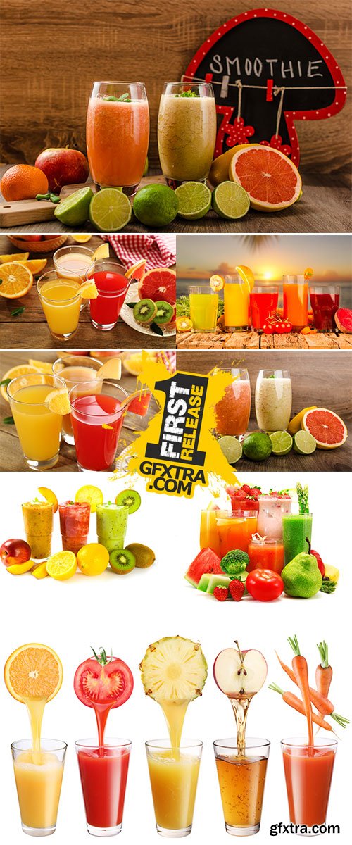 Stock Photo Fresh juices with fruits on wooden table