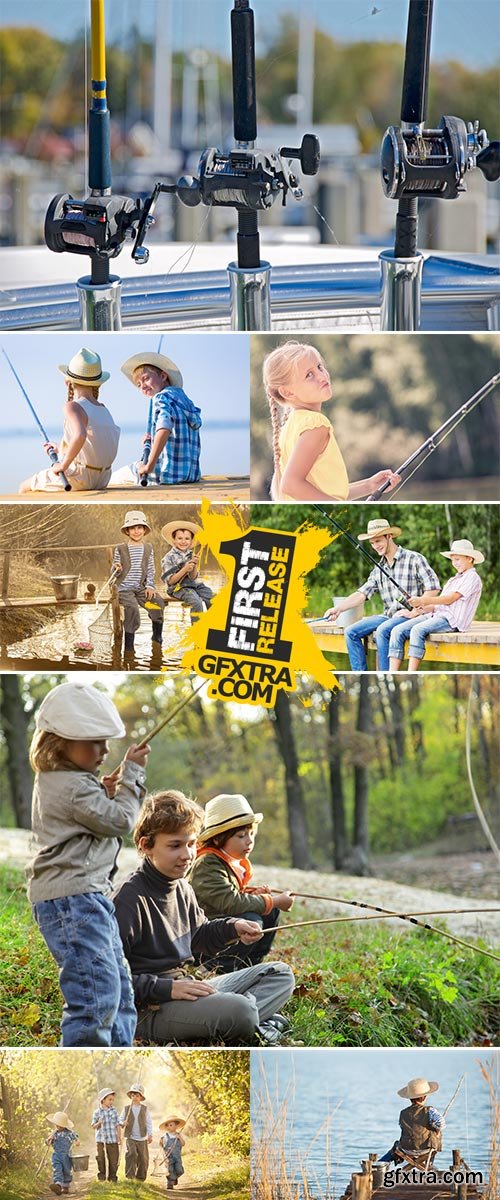 Stock Photo Reels on fishing rods in chrome holders on a boat