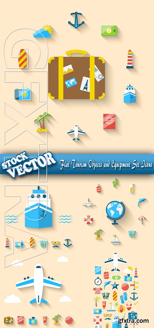 Stock Vector - Flat Tourism Objects and Equipment Set Icons