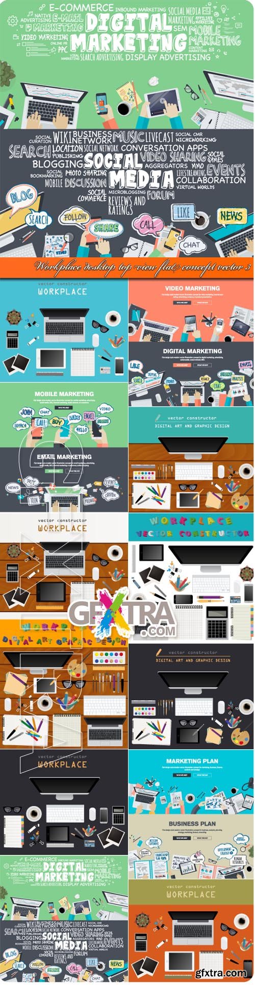 Workplace desktop top view flat concept vector 3