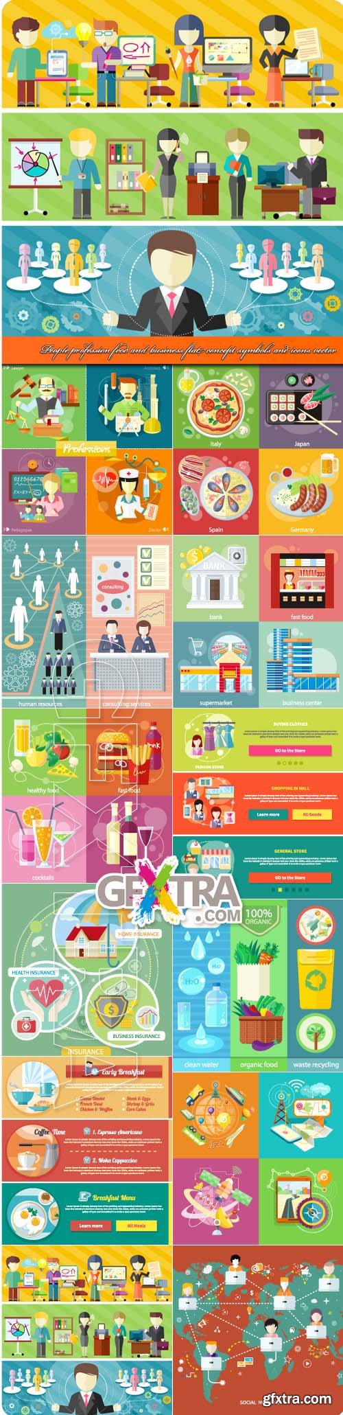 People profession food and business flat concept symbols and icons vector