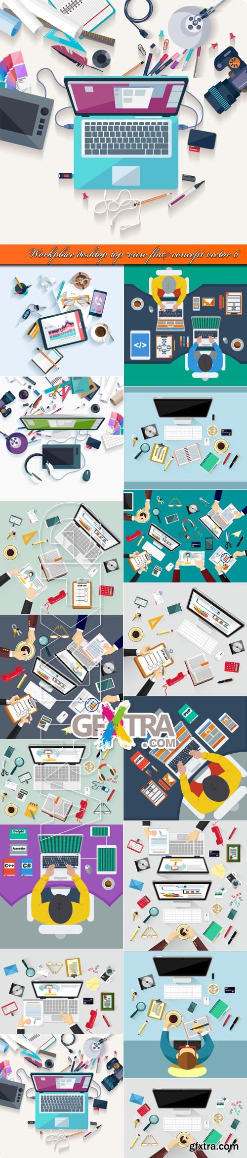 Workplace desktop top view flat concept vector 6