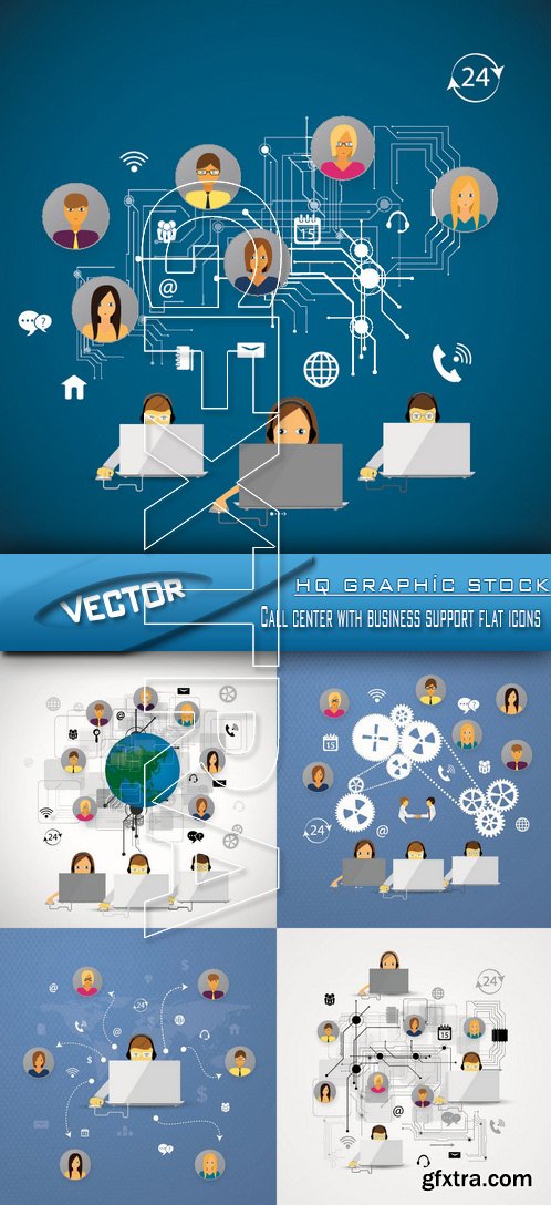 Stock Vector - Call center with business support flat icons