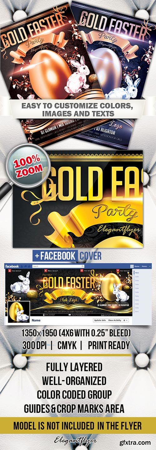 Gold Easter Party Flyer PSD Template + FB Cover