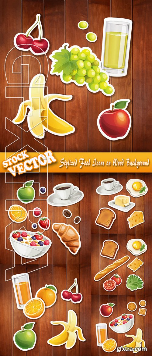 Stock Vector - Stylized Food Icons on Wood Background