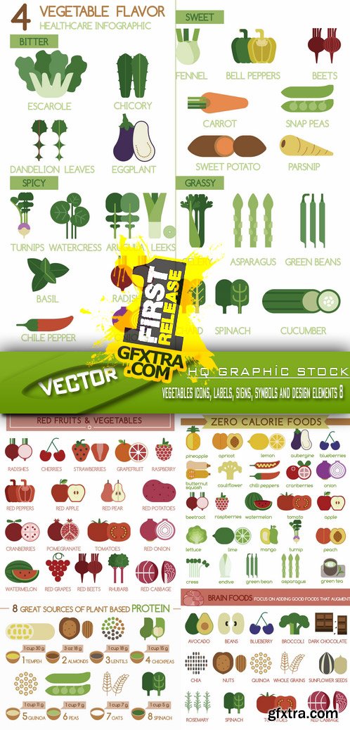 Stock Vector - Food vegetables icons, labels, signs, symbols and design elements 8