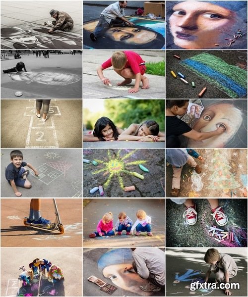 Collection of people children draw multicolored chalk on asphalt 25 HQ Jpeg