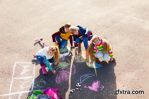 Collection of people children draw multicolored chalk on asphalt 25 HQ Jpeg