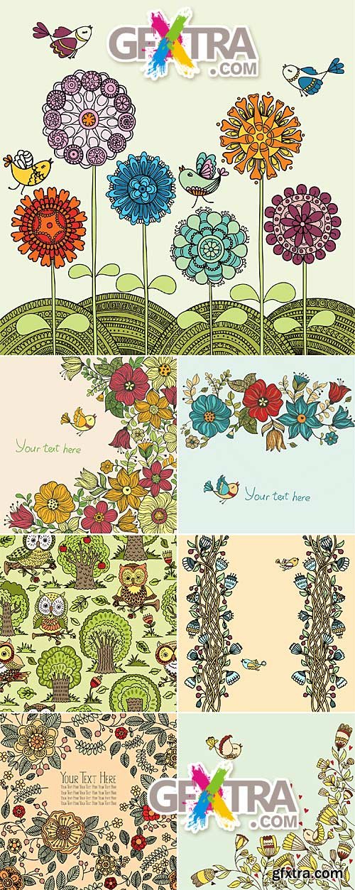 Floral vintage backgrounds with birds