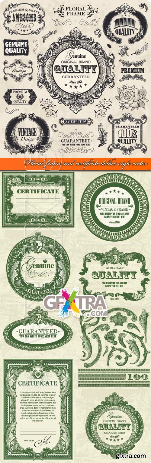 Floral frame and certificate dollar style vector