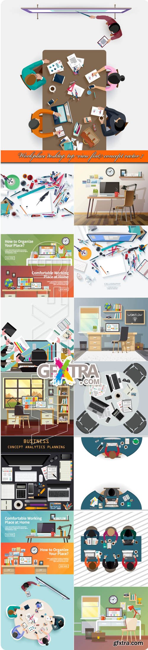 Workplace desktop top view flat concept vector 7