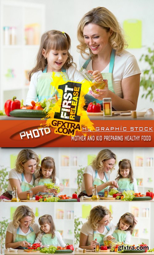 Stock Photo - Mother and kid preparing healthy food