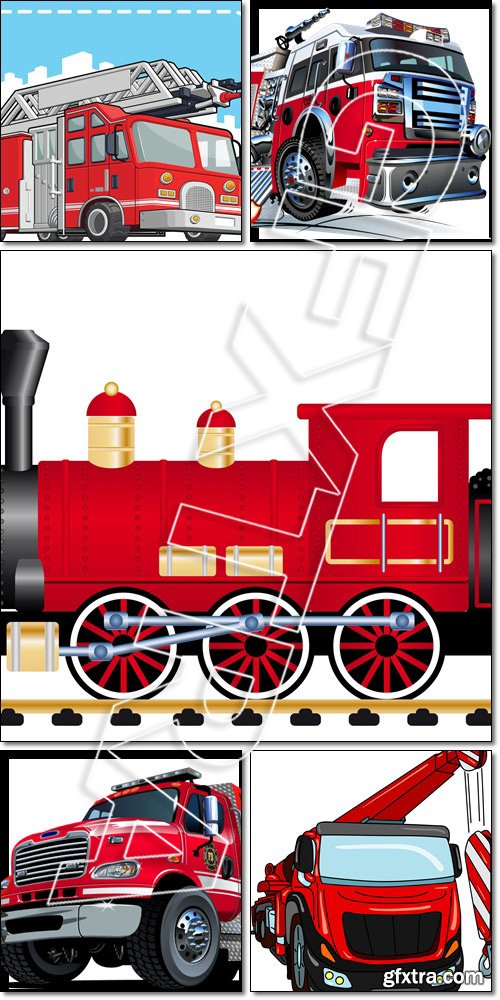 Cartoon fire truck, crane, locomotive with tank wagon - Vector