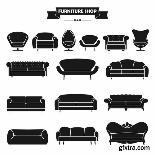 Collection of different icons chair sofa table furniture interior design 25 Eps