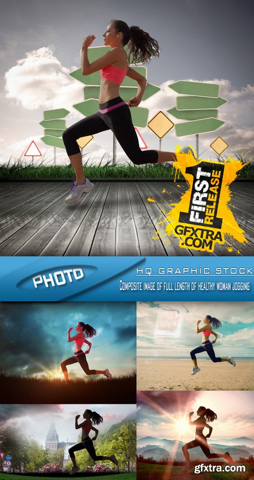 Stock Photo - Composite image of full length of healthy woman jogging