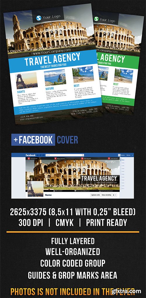 Travel Design V02 Flyer PSD Template plus FB Cover