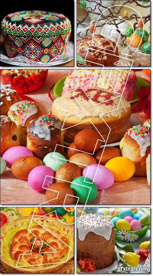 Easter cake kulich or panettone and colorful eggs for Easter - Stock photo