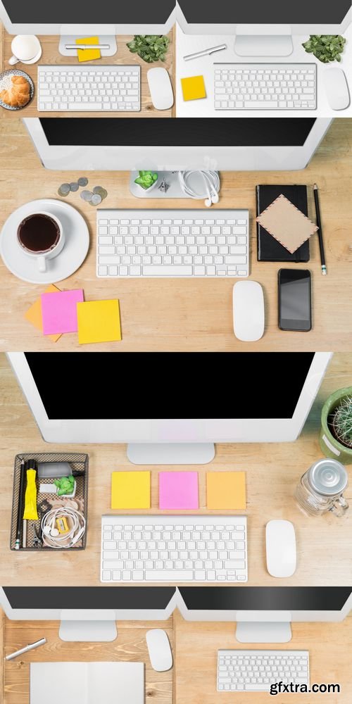 Stock Photos - Office Desk , Modern Computer Working on a Wooden Table