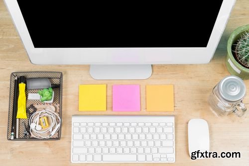 Stock Photos - Office Desk , Modern Computer Working on a Wooden Table