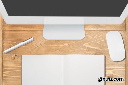 Stock Photos - Office Desk , Modern Computer Working on a Wooden Table