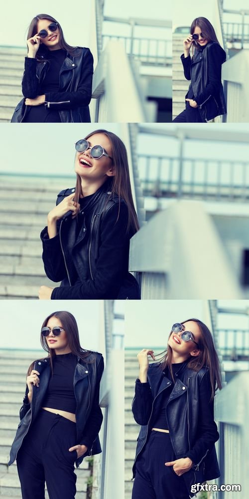 Stock Photos - Fashion Model in Sunglasses and Black Leather Jacket Posing Outdoor