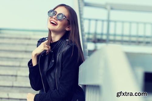 Stock Photos - Fashion Model in Sunglasses and Black Leather Jacket Posing Outdoor