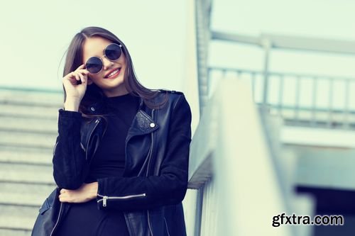 Stock Photos - Fashion Model in Sunglasses and Black Leather Jacket Posing Outdoor