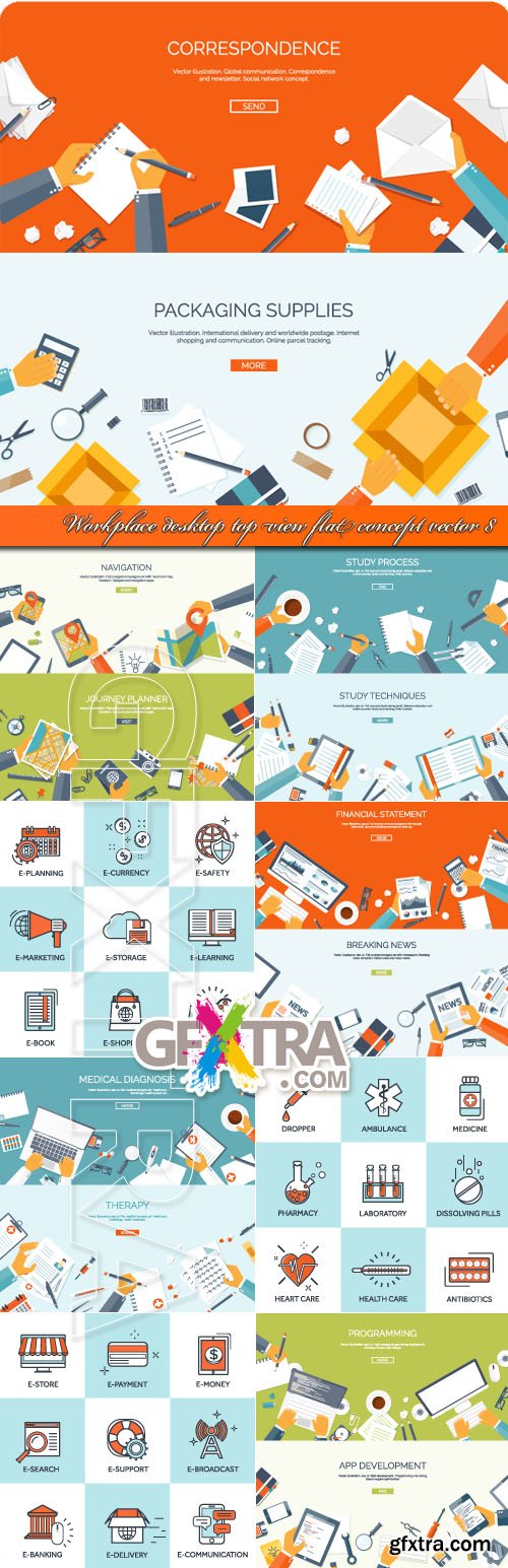 Workplace desktop top view flat concept vector 8